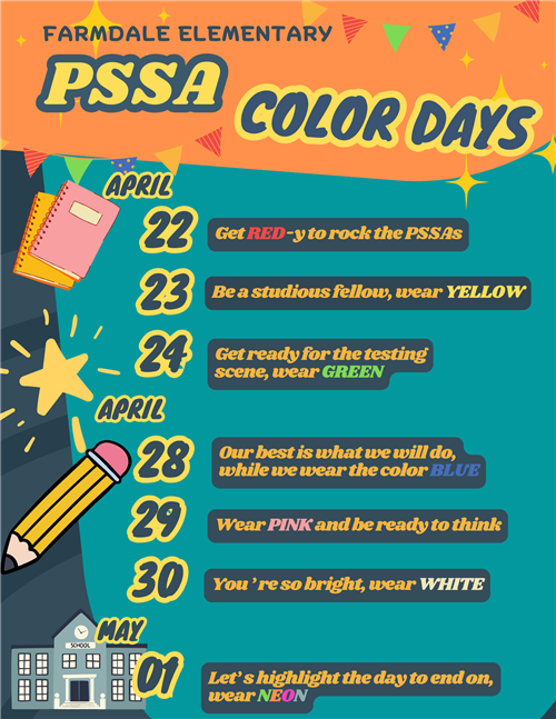 PSSA Color Days listed for Apr 22 to May 1